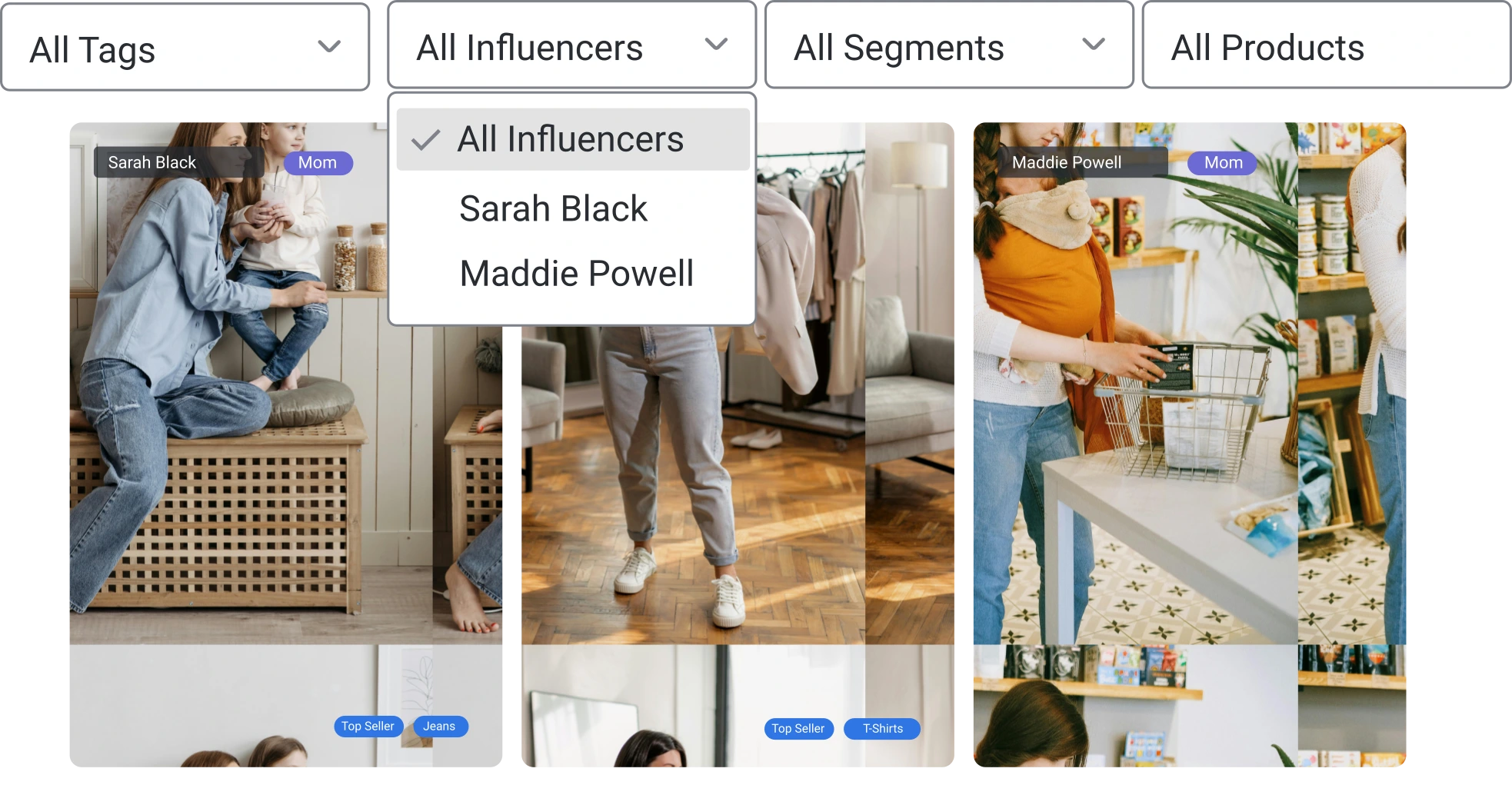 Filter by tag, product, segment, campaign, or creator
